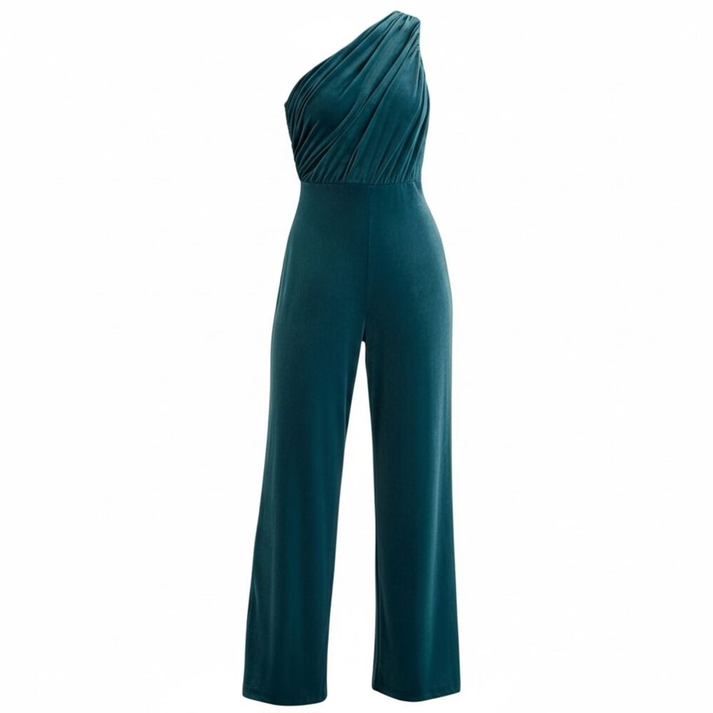 Express High Waist Wide Leg Velvet Jumpsuit One Shoulder Ruched Top Green Large